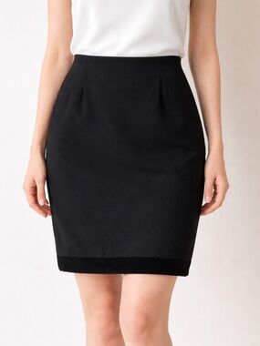 Escada Couture Vintage Black Velvet Trim Mini Wool Pencil Skirt size 34